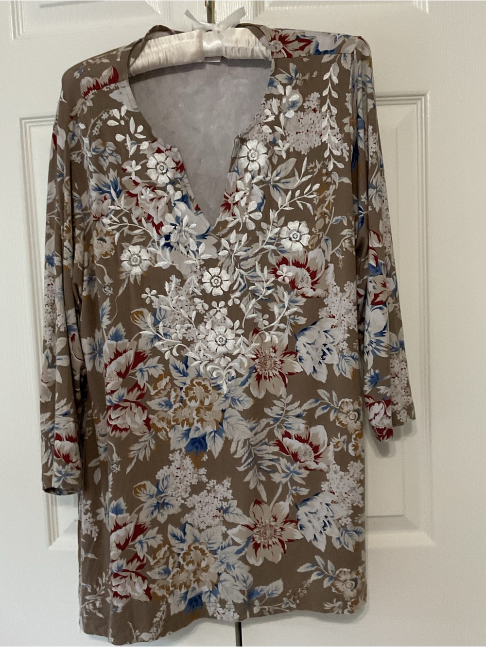 Kim Gravel Taupe Floral V-Neck tunic top